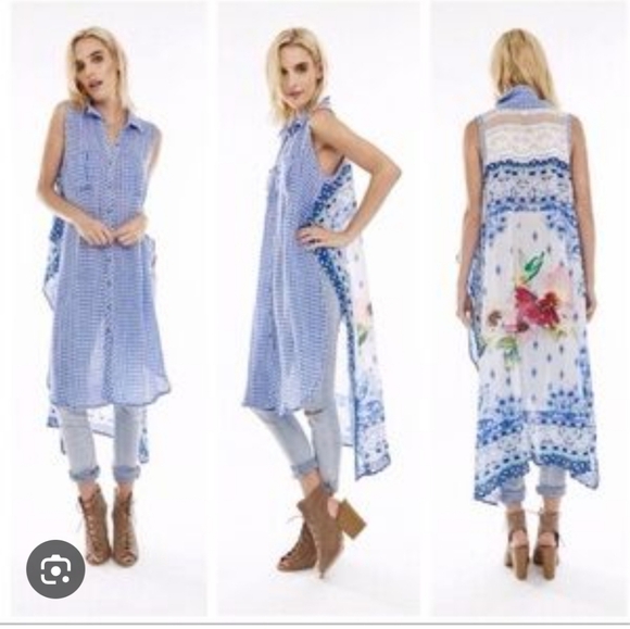 Aratta Silent Journey Tops - NWT Aratta Silent Journey Isola Bella Linen Cotton Gingham Tunic Duster Blue LRG